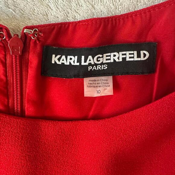 Karl Lagerfeld Red Dress with Ruffle Sleeves and Pearl Detail - Size 10 - Picture 2 of 5